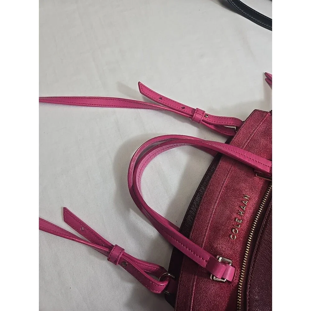 Cole Haan LINLEY Magenta Suede Leather Small Satchel Bag Purse Pink Gold Hardwar